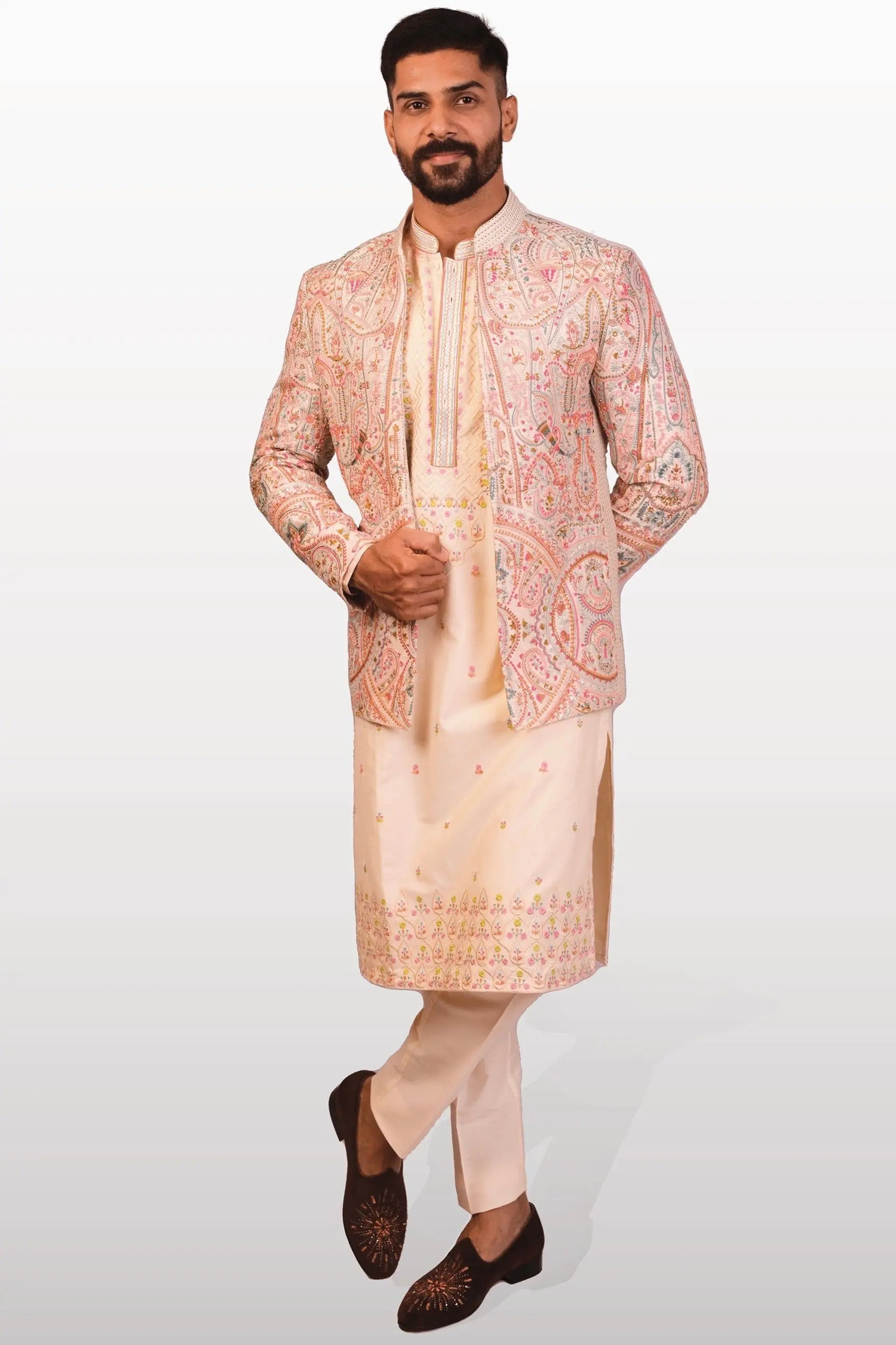 Beige Raw Silk Open Bandhgala