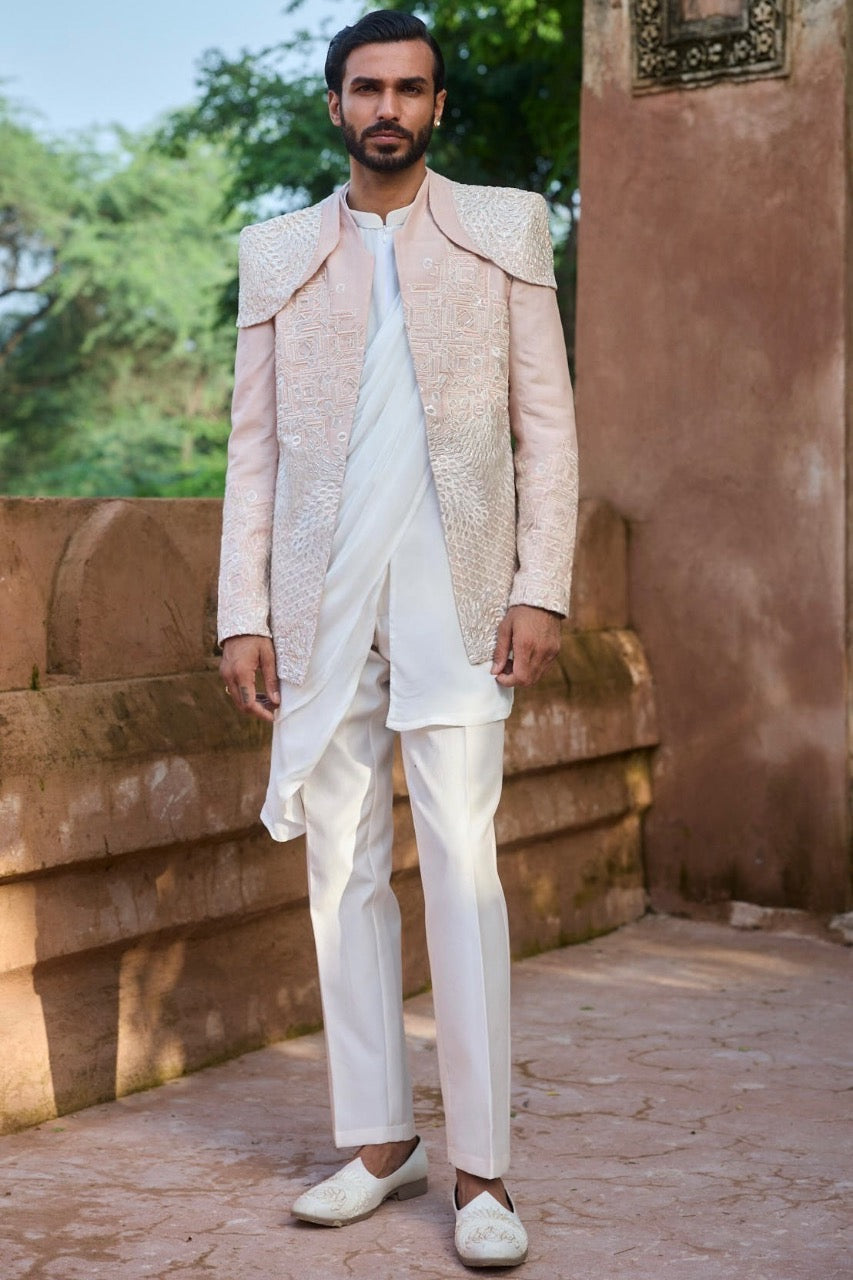 Pastel Pink Embroidered Bandhgala with Drape Kurta