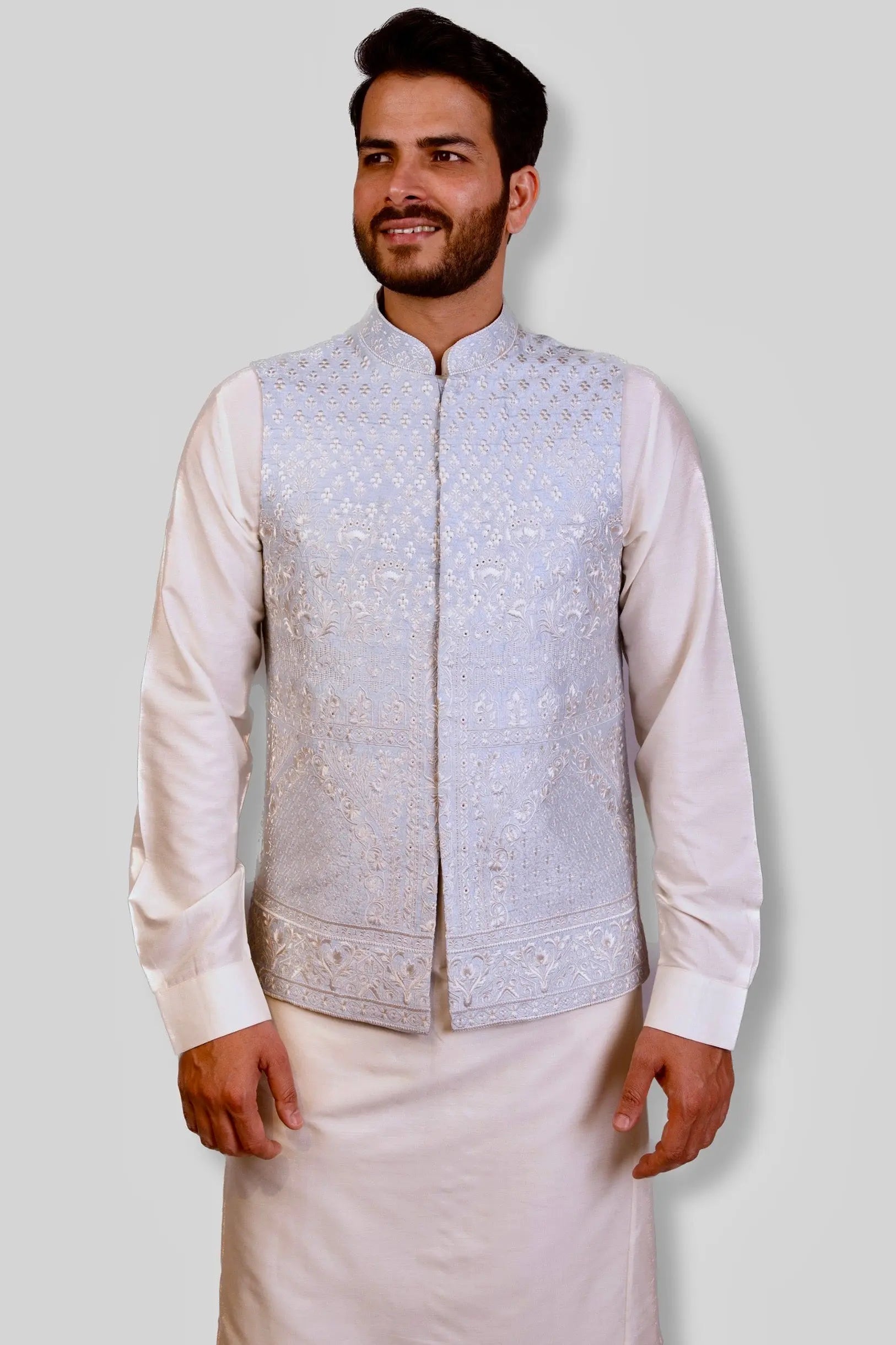 Sky Blue and White Raw Silk Traditional Bundi Set