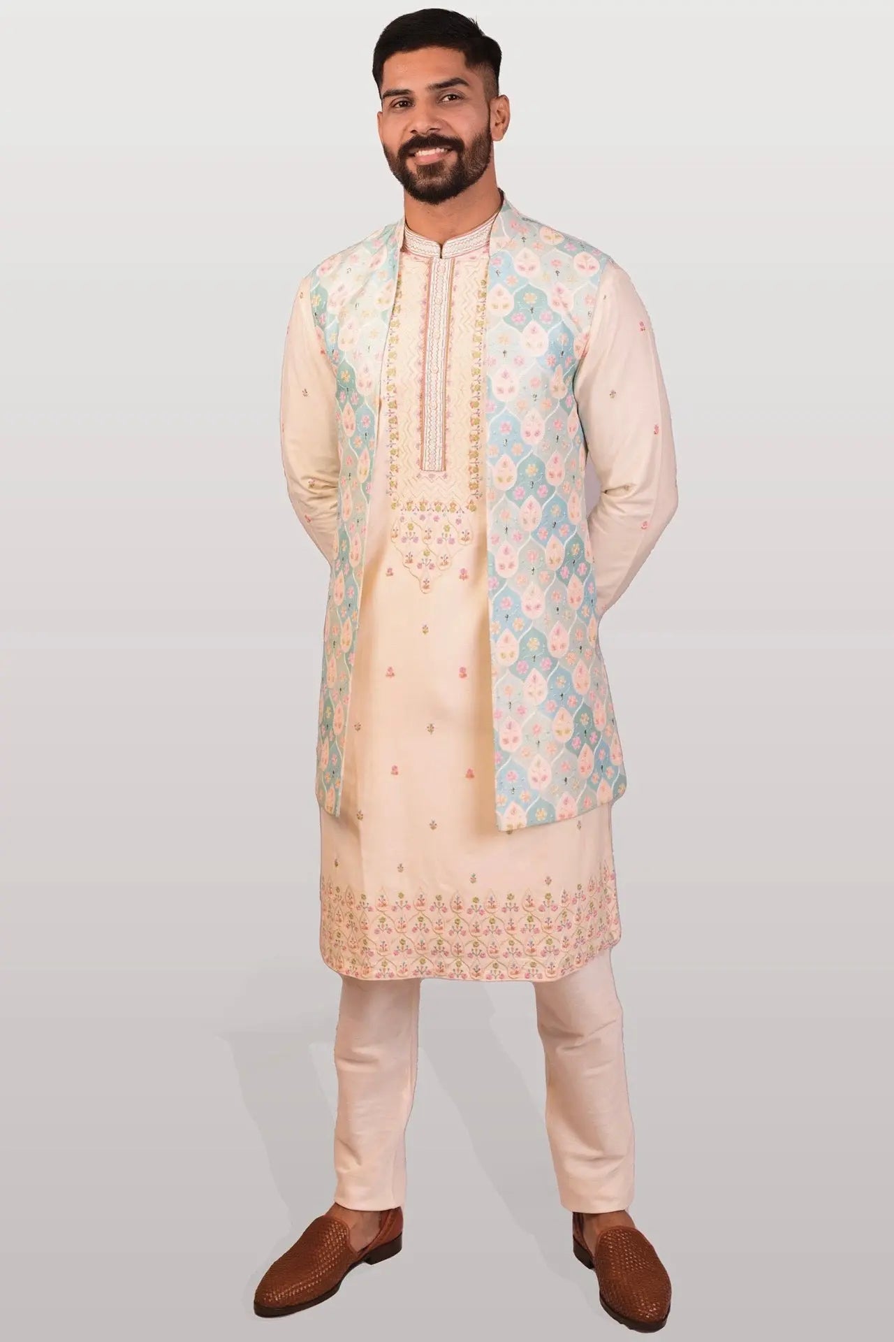 Sky Blue and Cream Embroidered Long Open Bundi Set