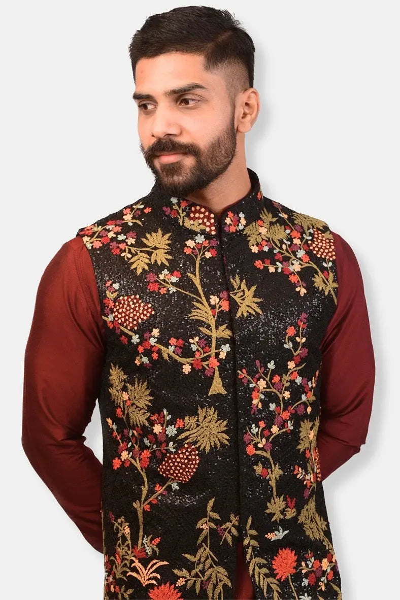 Wine Sparkle Sequins Embroidered Kurta Bundi Set