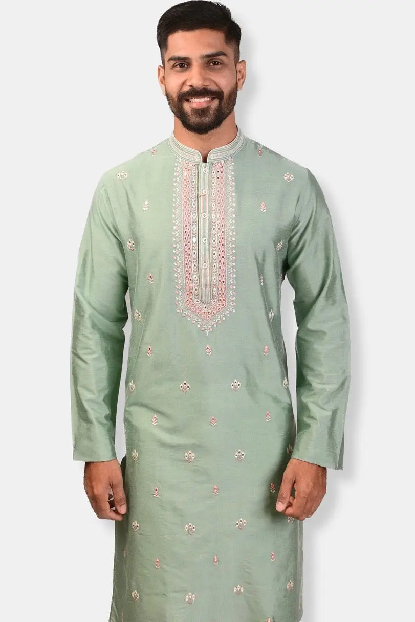 Mint Green Silk Embroidered Kurta