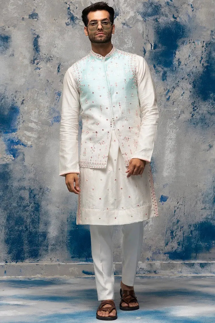 White and Blue Ombre Placement Mirror Embroidery Bundi Set - Asuka Couture