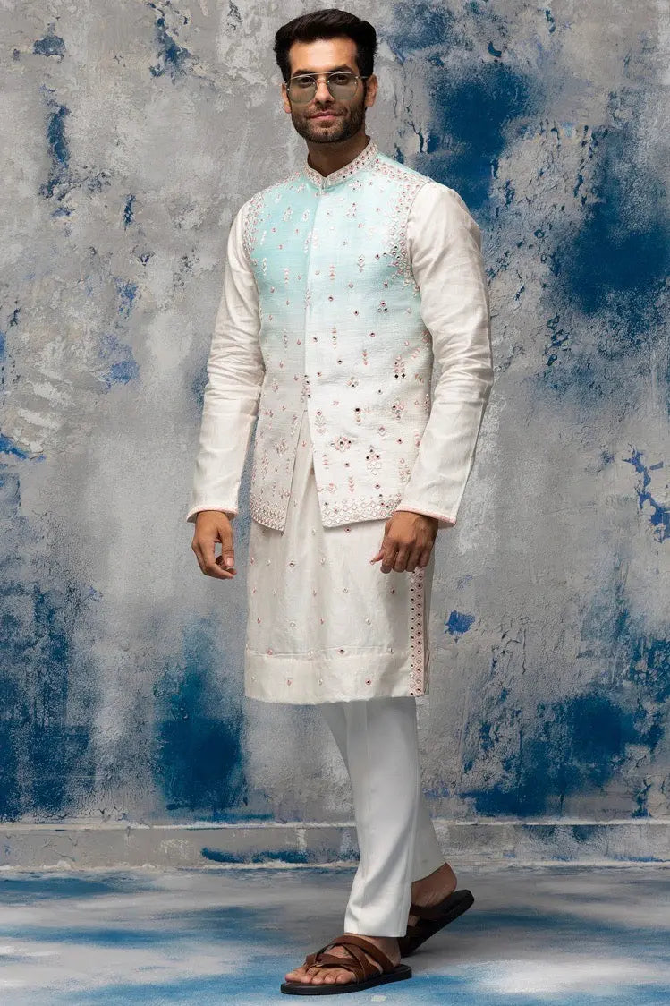 White and Blue Ombre Placement Mirror Embroidery Bundi Set