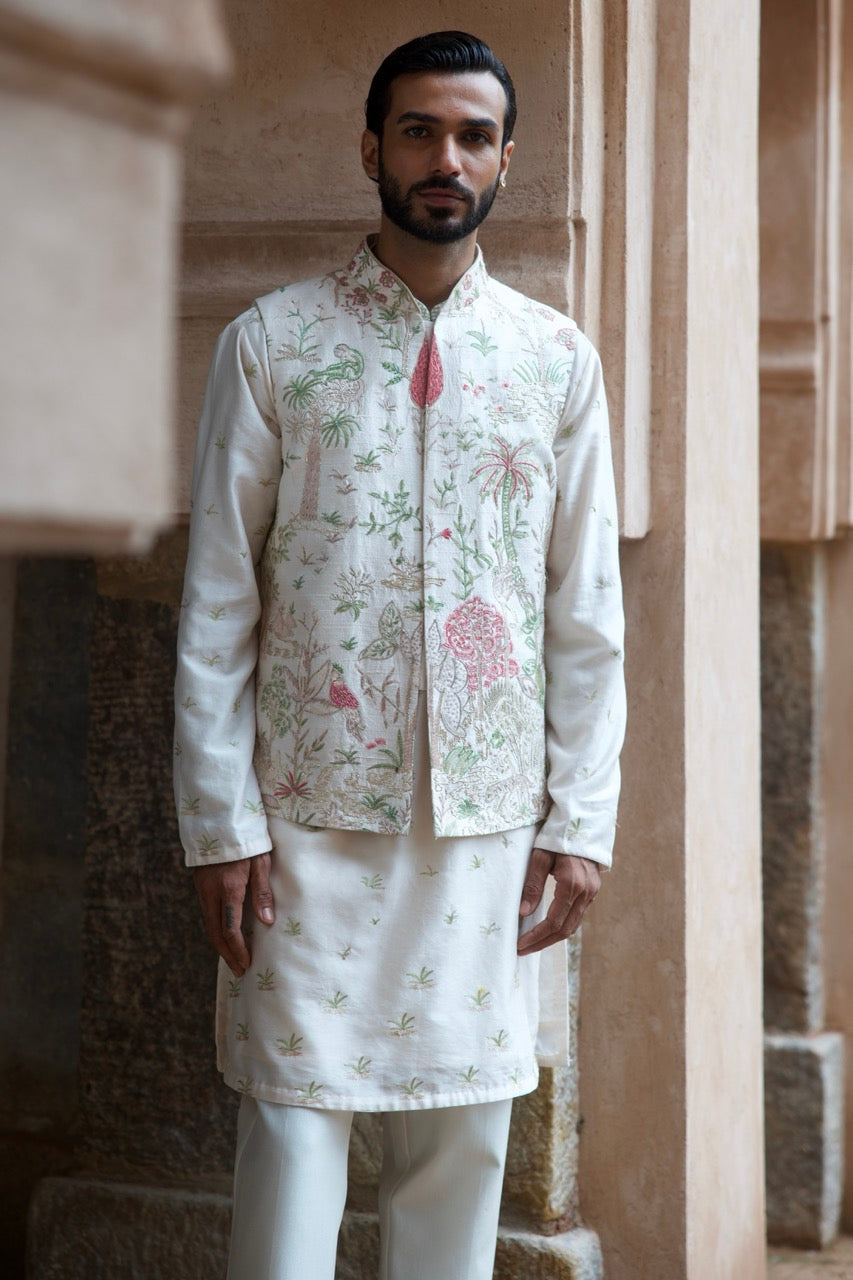 Blush Tropical Raw Silk Embroidered Bundi Kurta Set