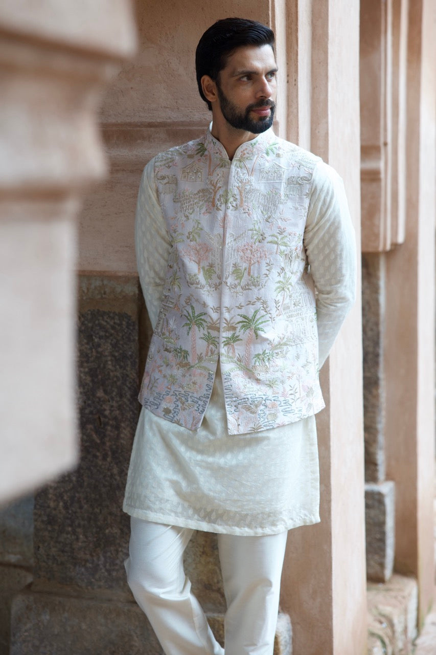 Ivory Tropical Raw Silk Embroidered Bundi Kurta Set