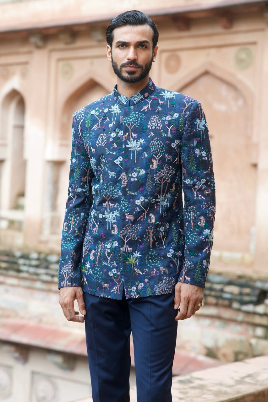 Forest Printed Silk Embroidered Bandhgala Set