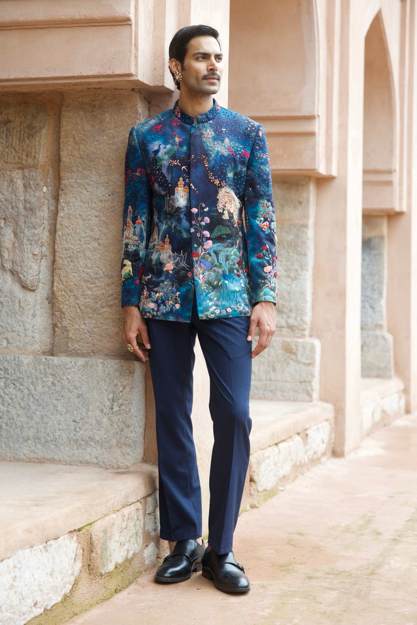Midnight Printed Velvet Embroidered Bandhgala Set