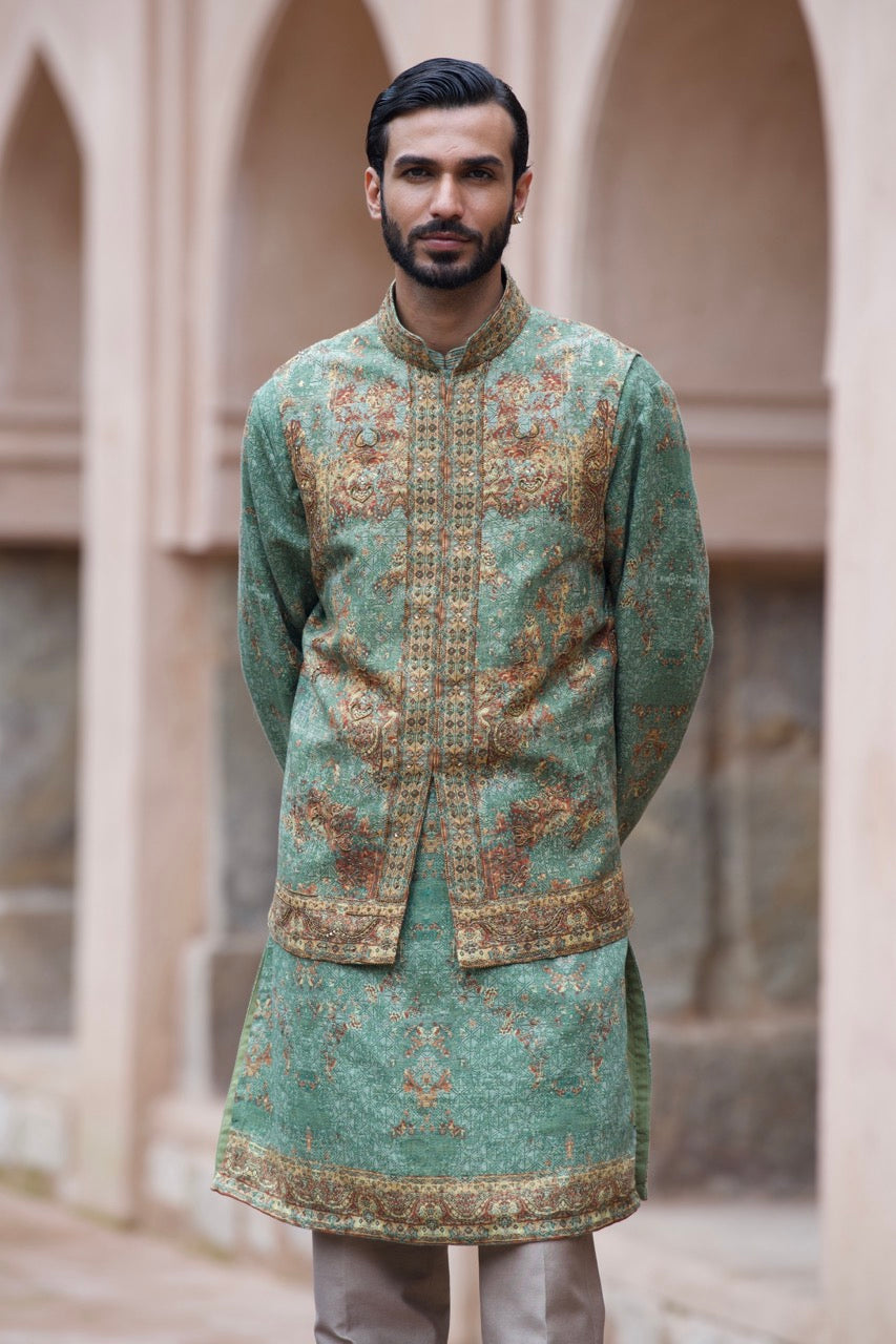 Earthy Green Printed Cotton Linen Bundi Kurta Set