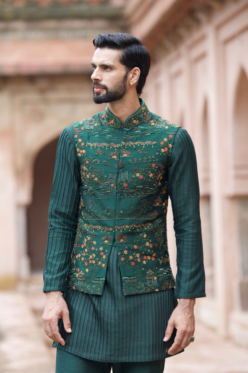 Cobalt Green Floral Raw Silk Bundi Kurta Set