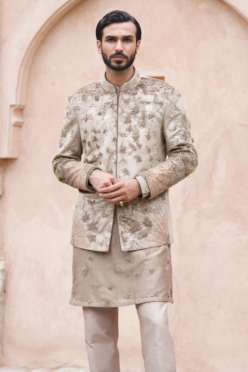 Natural Brown Velvet Embroidered Bandhgala Set