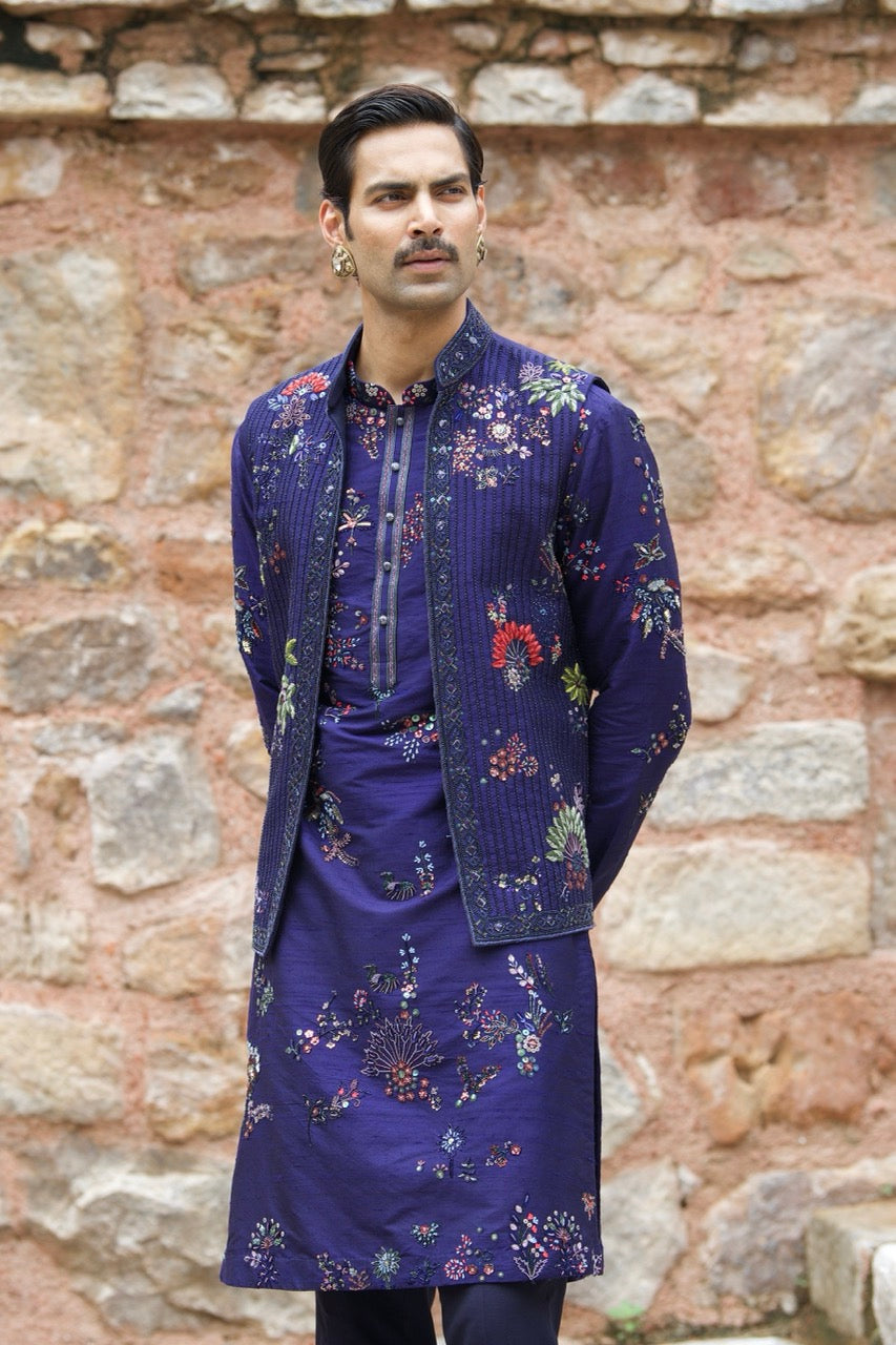 Midnight Floral Embroidered Bundi Kurta Set