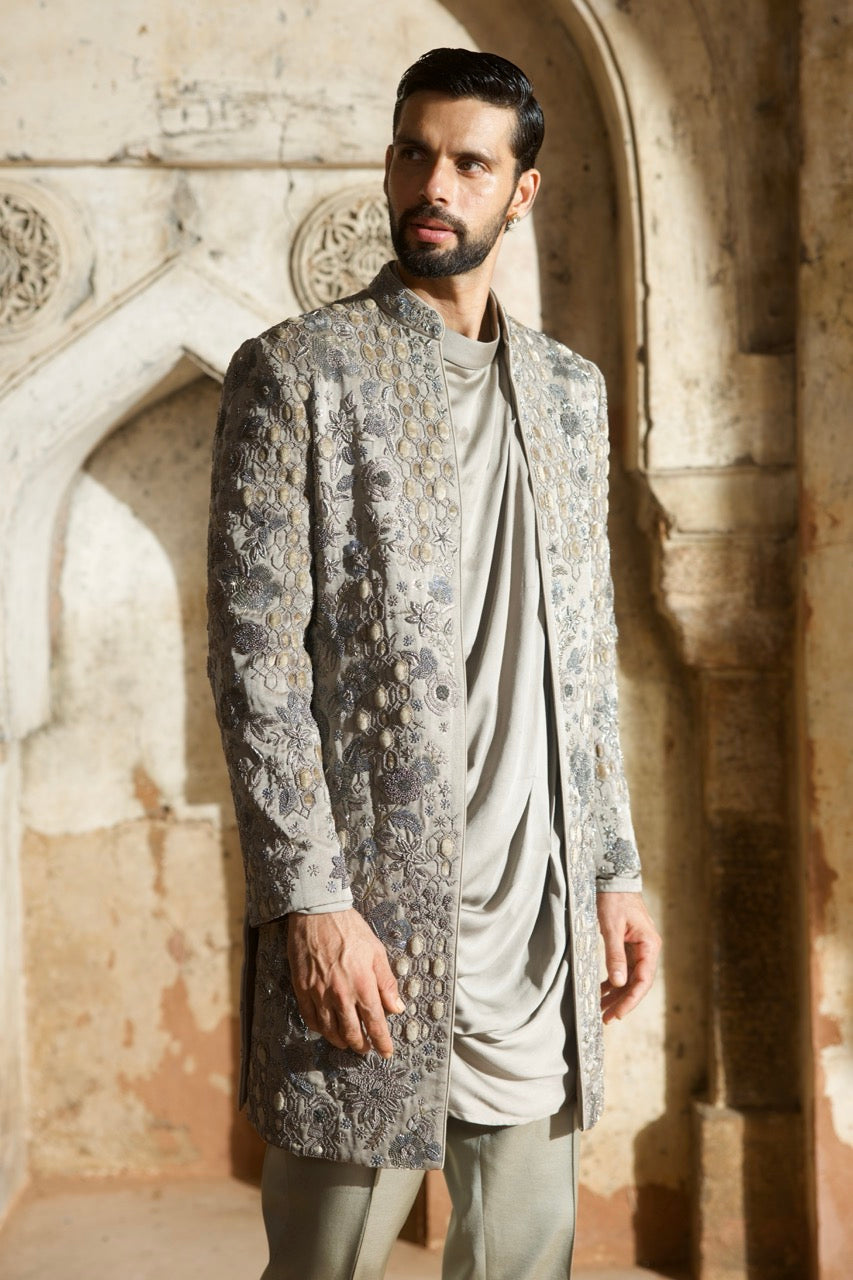 Grey Satin Silk Embroidered Indo-Western Set