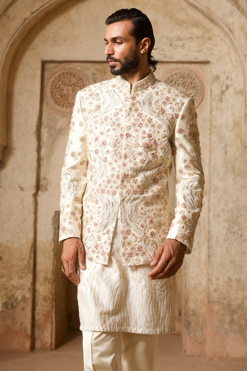 Ivory Raw Silk Embroidered Bandhgala Set