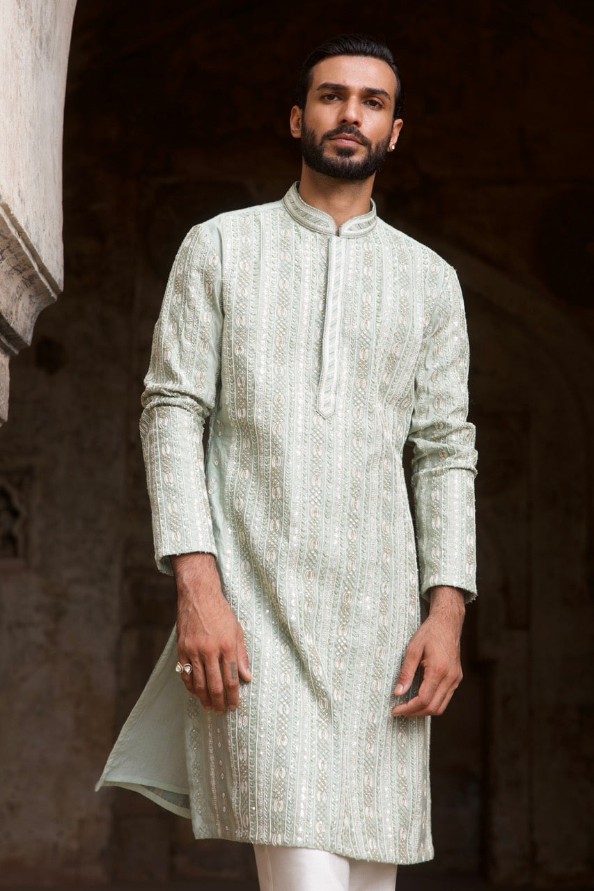Mint Jacquard Embroidered Kurta Set
