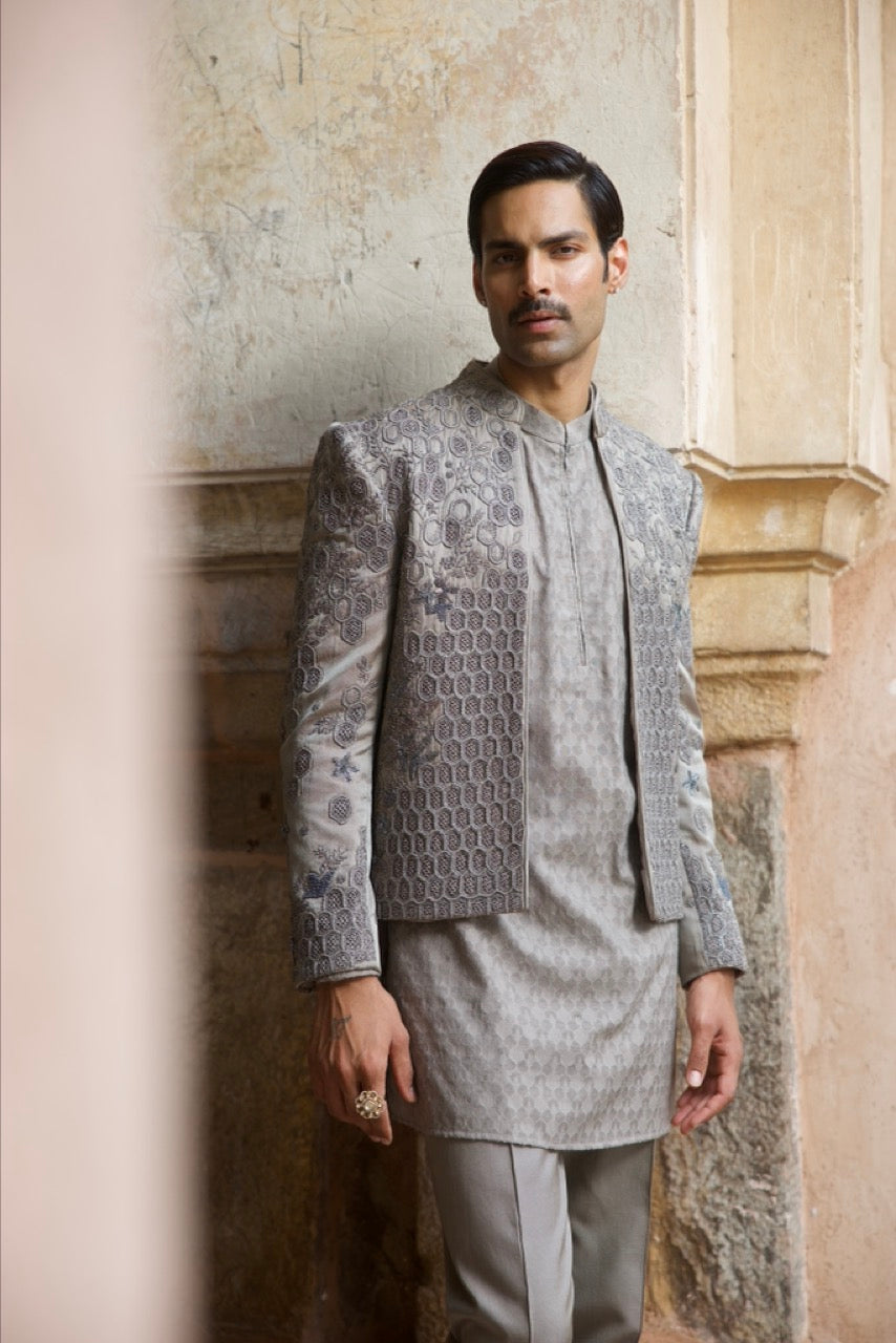 Grey Satin Silk Embroidered Open Bandhgala Set