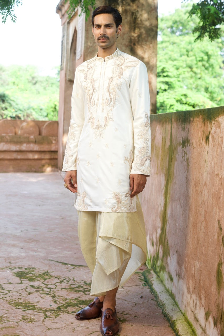 Ivory Paisley Palm Silk Embroidered Kurta Set