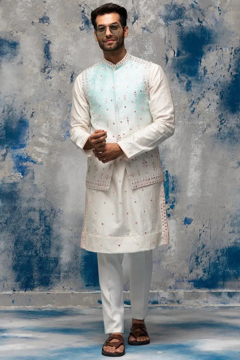 White and Blue Ombre Placement Mirror Embroidery Bundi Set - Asuka Couture