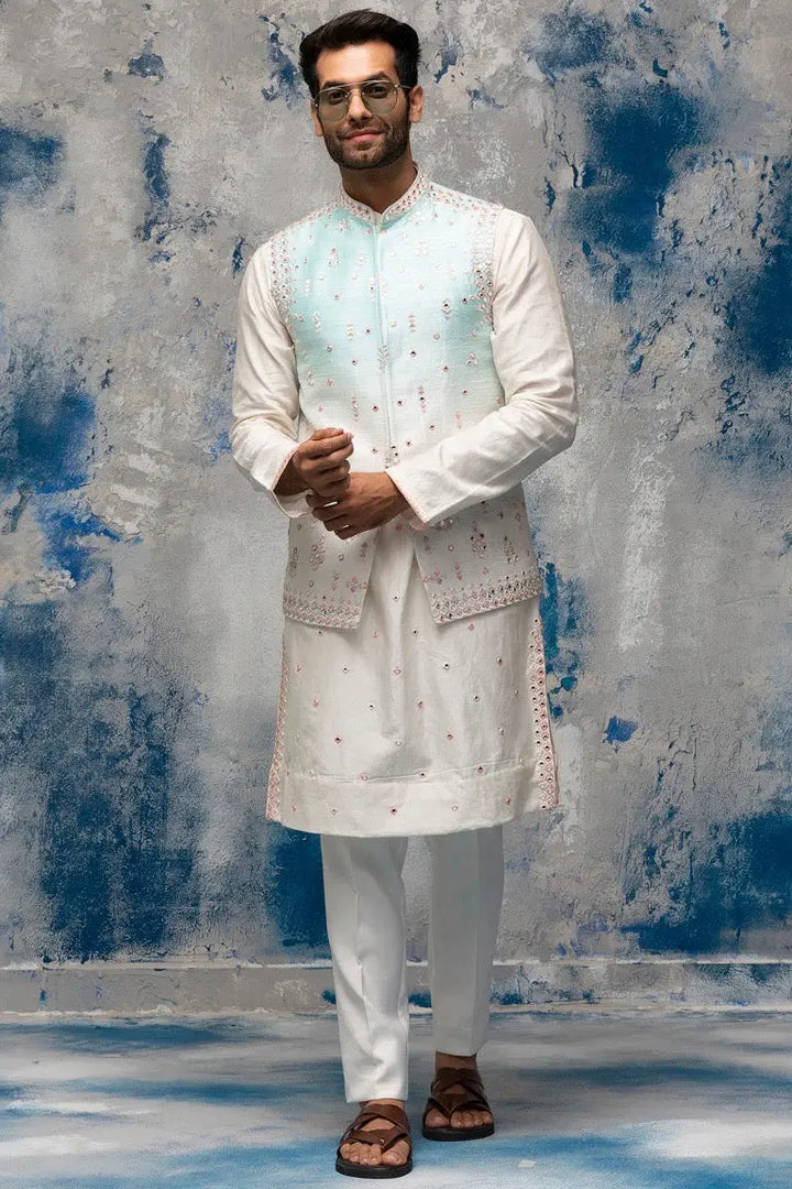 White and Blue Ombre Placement Mirror Embroidery Bundi Set - Asuka Couture