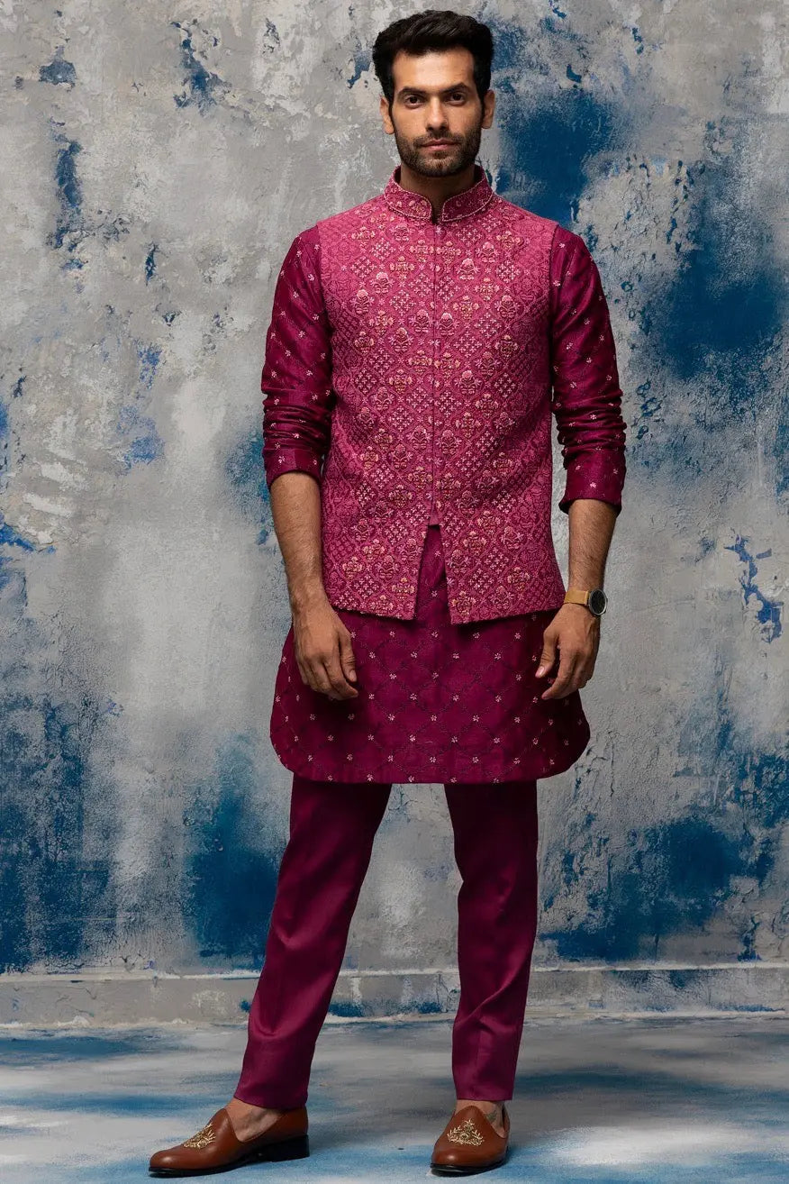 Enchanted Garden Wine Bundi Set with Sequins Moti Work - Asuka Couture