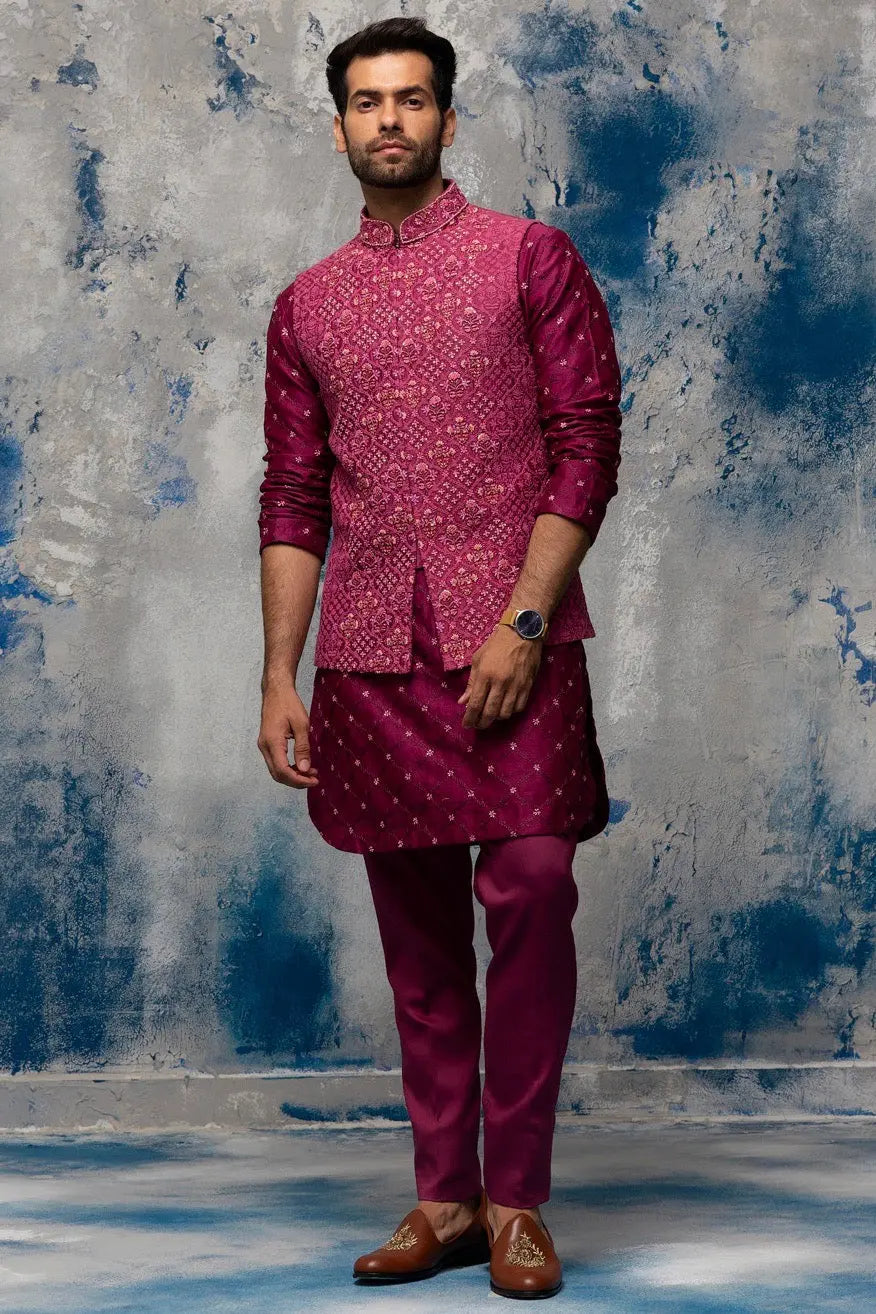 Enchanted Garden Wine Bundi Set with Sequins Moti Work - Asuka Couture