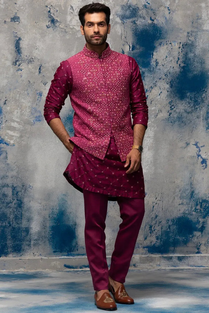 Enchanted Garden Wine Bundi Set with Sequins Moti Work - Asuka Couture