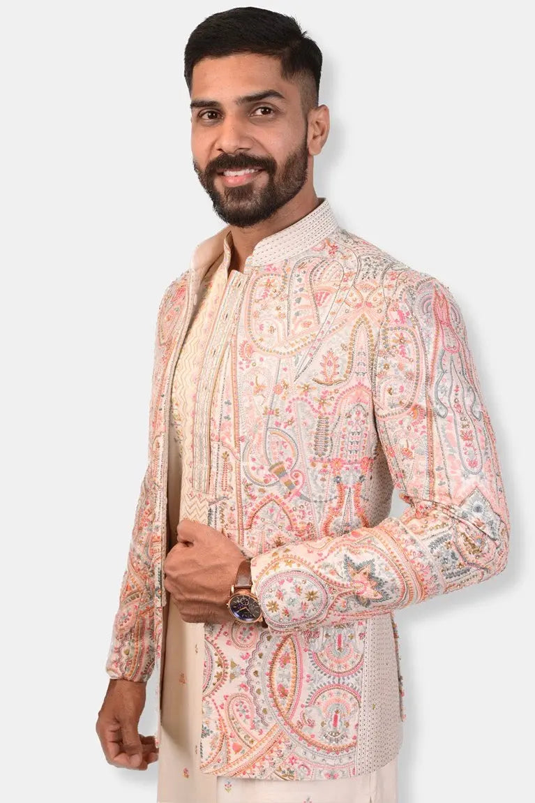 Beige Raw Silk Open Bandhgala
