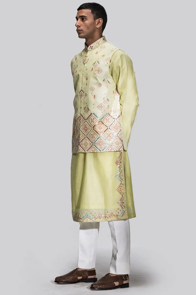 Neon Green Sheesha Embroidery Resham Bundi Set - Asuka Couture