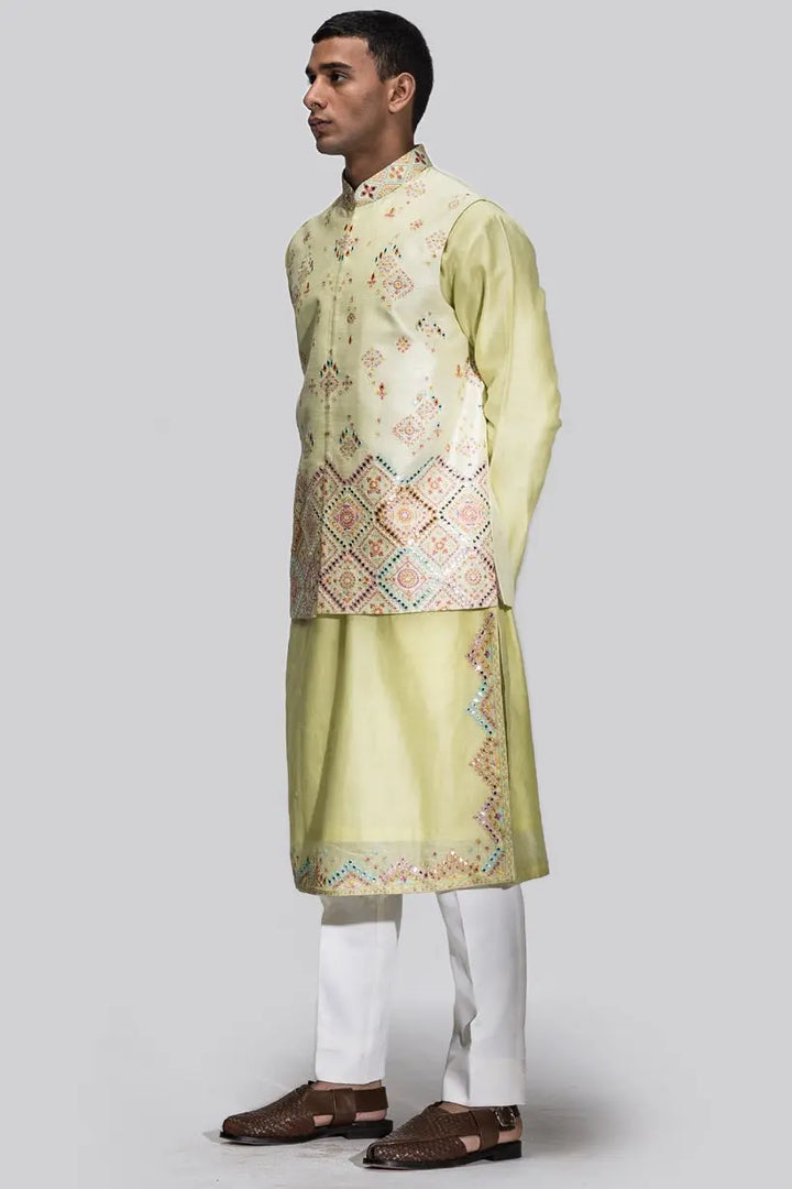 Neon Green Sheesha Embroidery Resham Bundi Set - Asuka Couture
