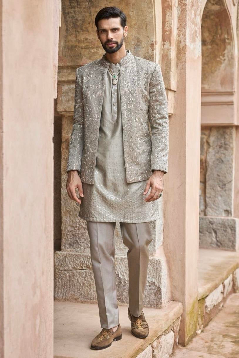 Grey Satin Silk Embroidered Bandhgala Set