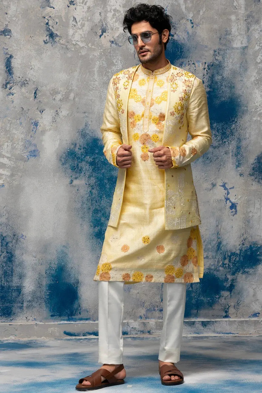 Yellow Resham Thread and Mirror Work Bundi Set - Asuka Couture