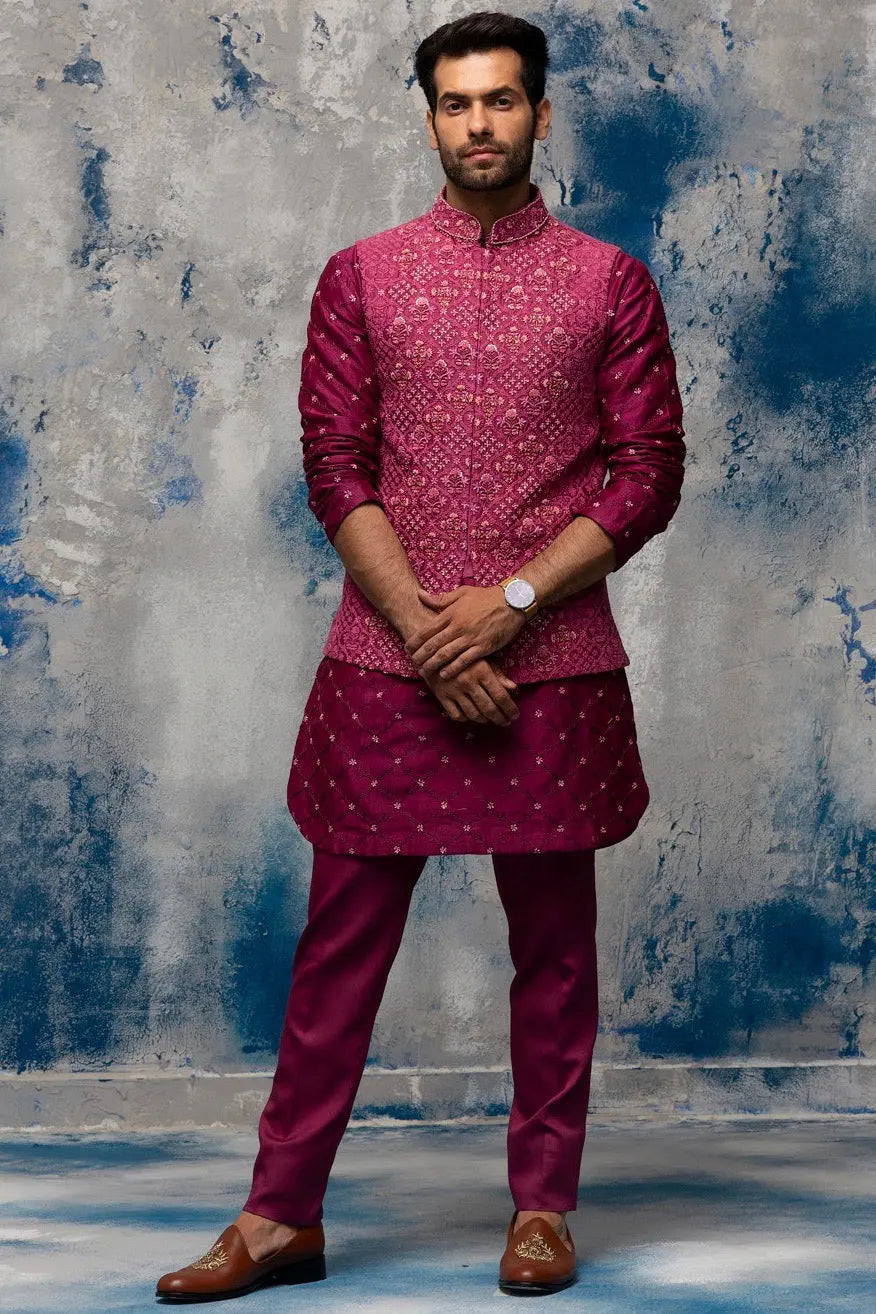 Enchanted Garden Wine Bundi Set with Sequins Moti Work - Asuka Couture