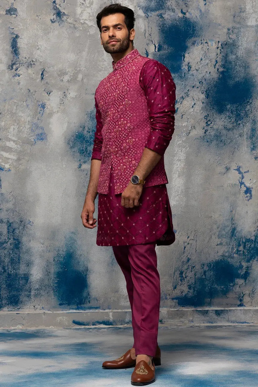 Enchanted Garden Wine Bundi Set with Sequins Moti Work - Asuka Couture