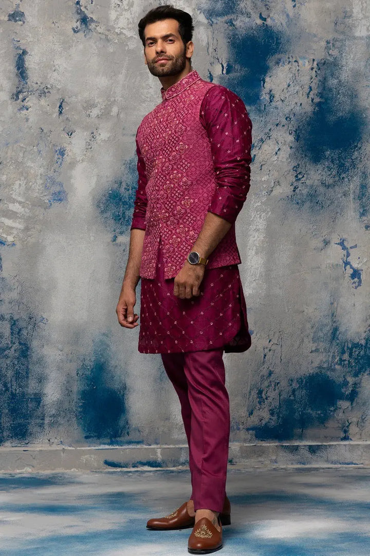 Enchanted Garden Wine Bundi Set with Sequins Moti Work - Asuka Couture