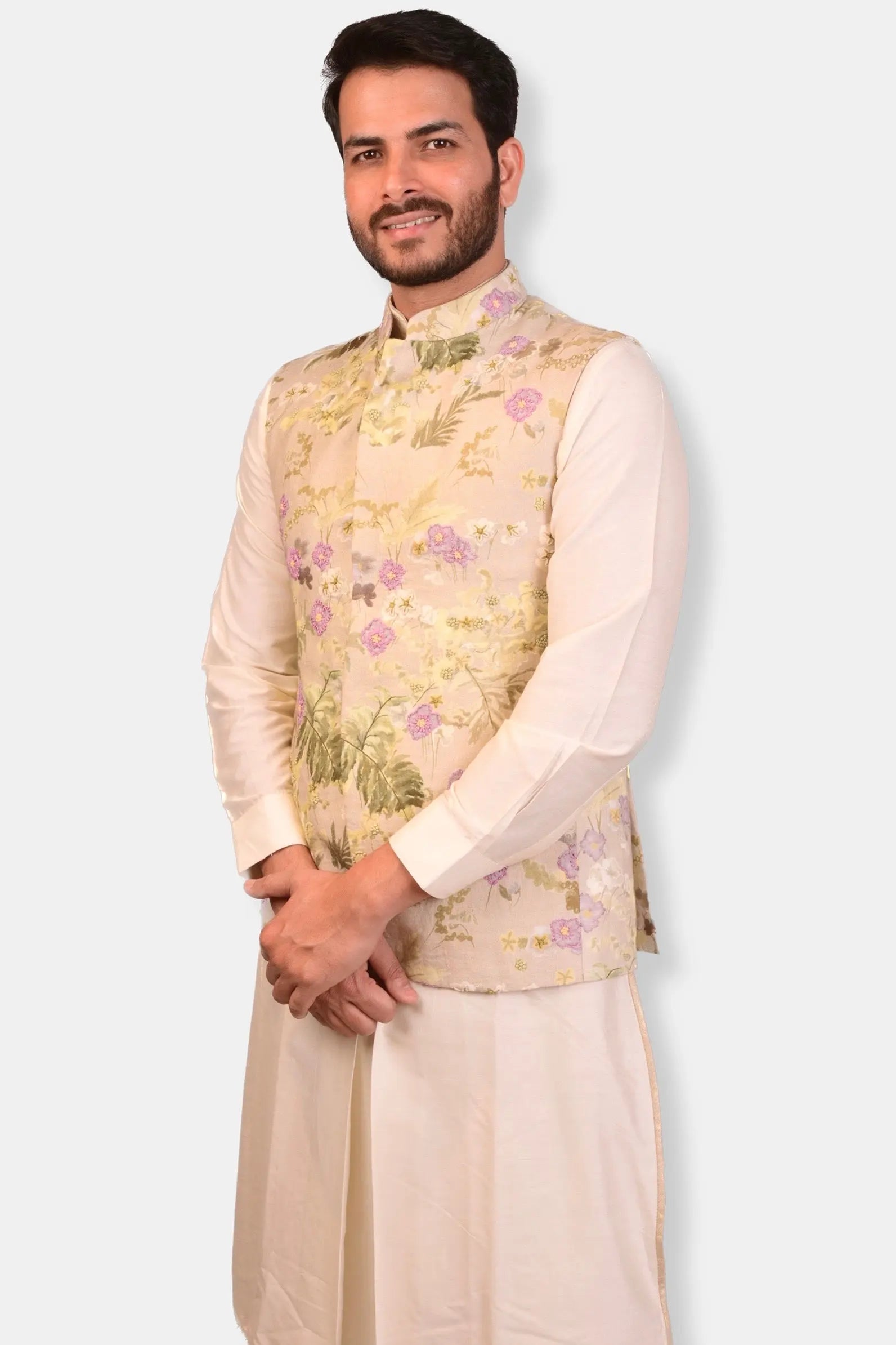 Beige Printed Hand Embroidered Bundi Set