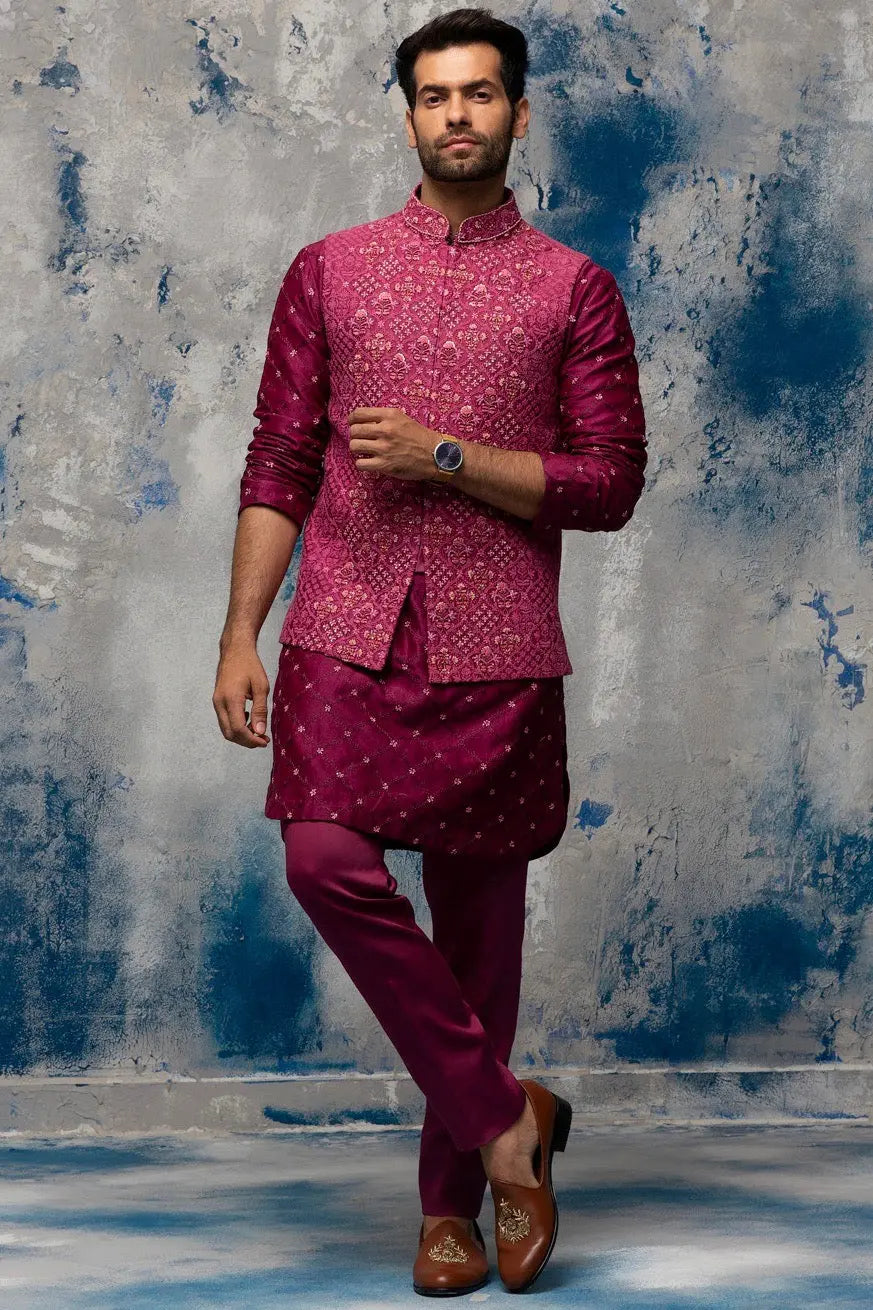 Enchanted Garden Wine Bundi Set with Sequins Moti Work - Asuka Couture