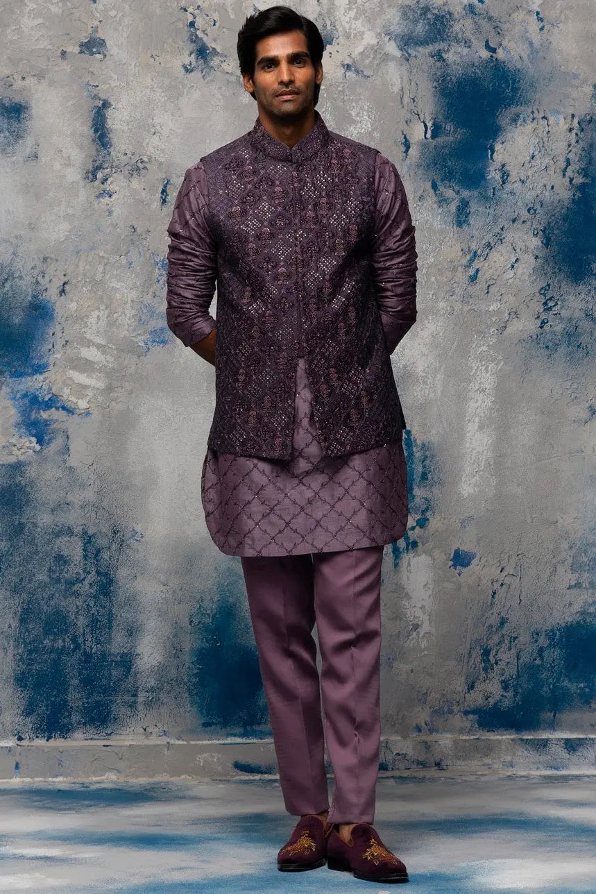Twilight Lavender Moti and Sequins Embroidery Bundi Set - Asuka Couture