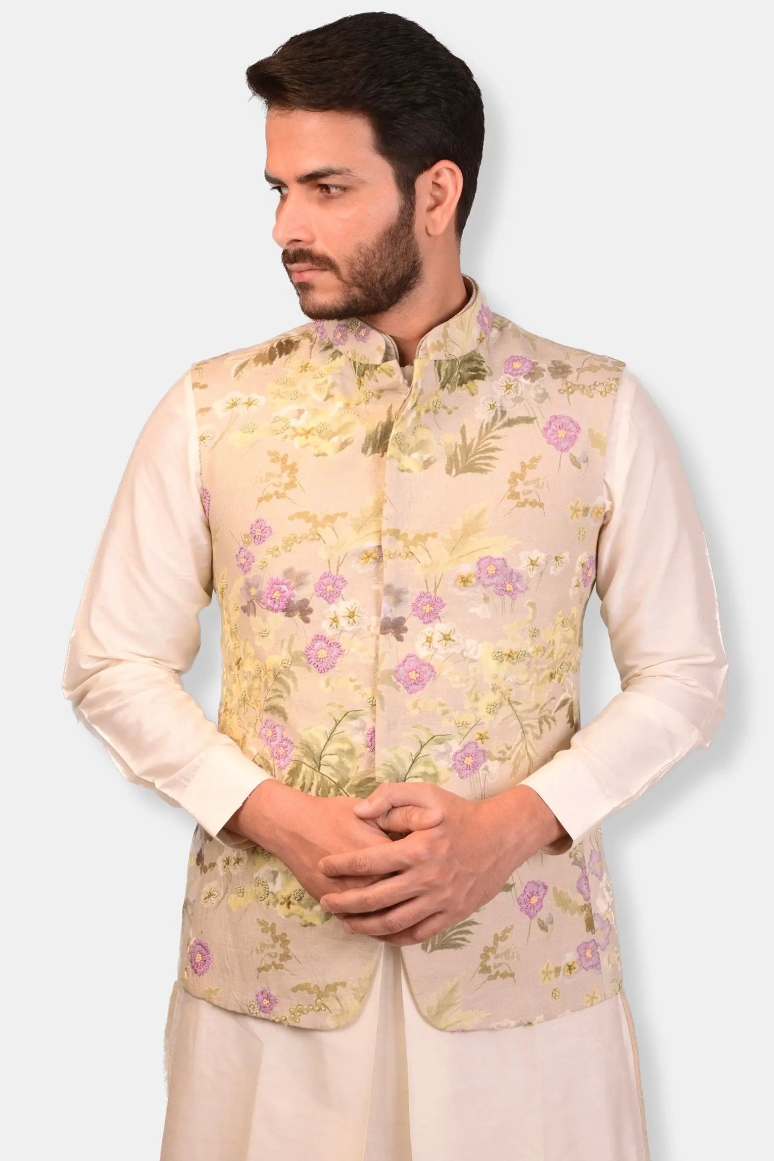 Beige Printed Hand Embroidered Bundi Set