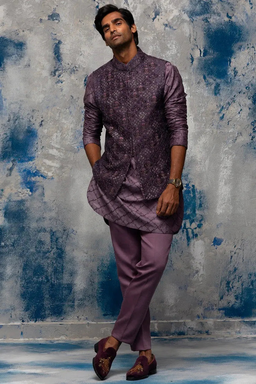 Twilight Lavender Moti and Sequins Embroidery Bundi Set - Asuka Couture
