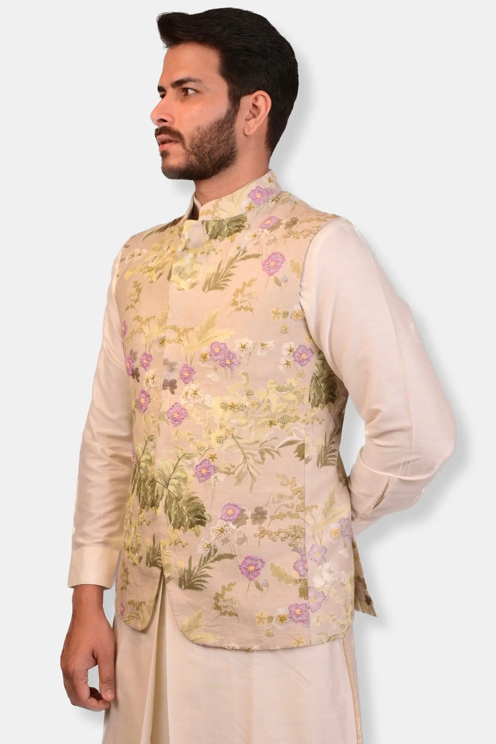 Beige Printed Hand Embroidered Bundi Set