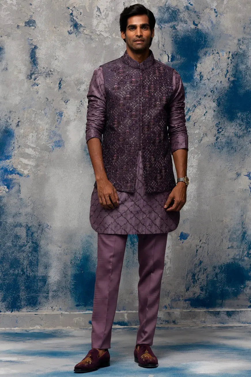 Twilight Lavender Moti and Sequins Embroidery Bundi Set - Asuka Couture