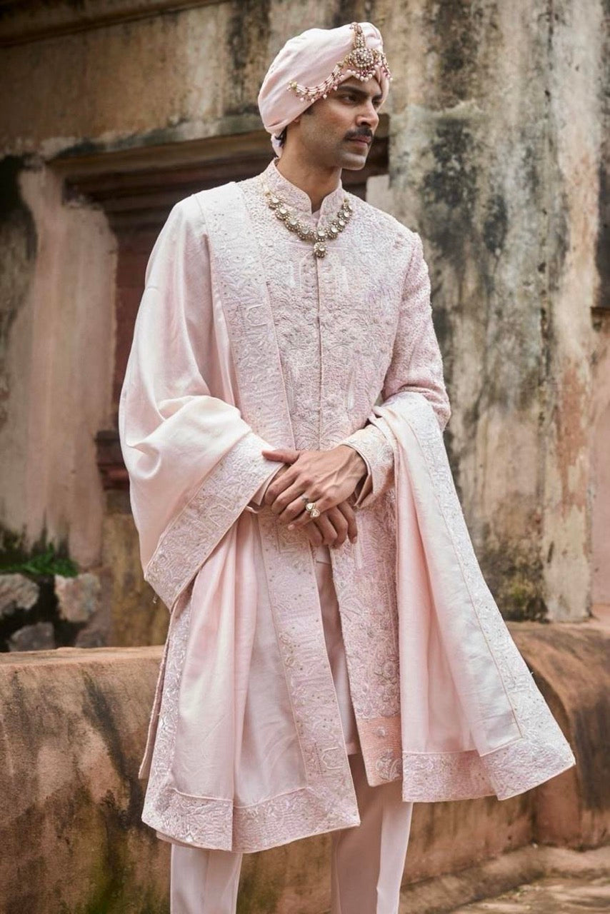 Baby Pink Raw Silk Embroidered Sherwani Set