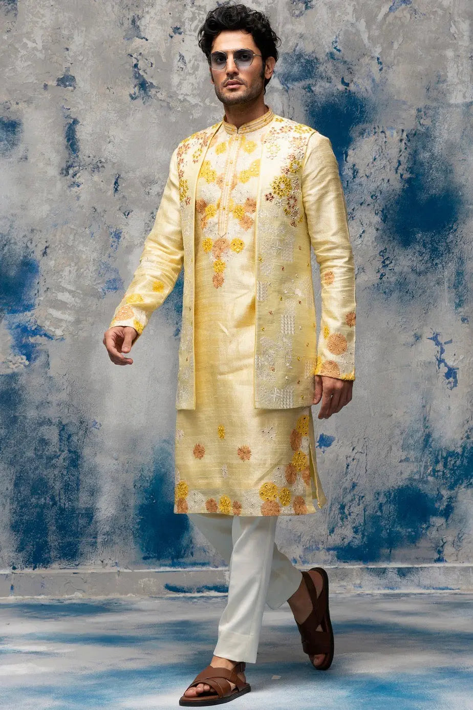 Yellow Resham Thread and Mirror Work Bundi Set - Asuka Couture