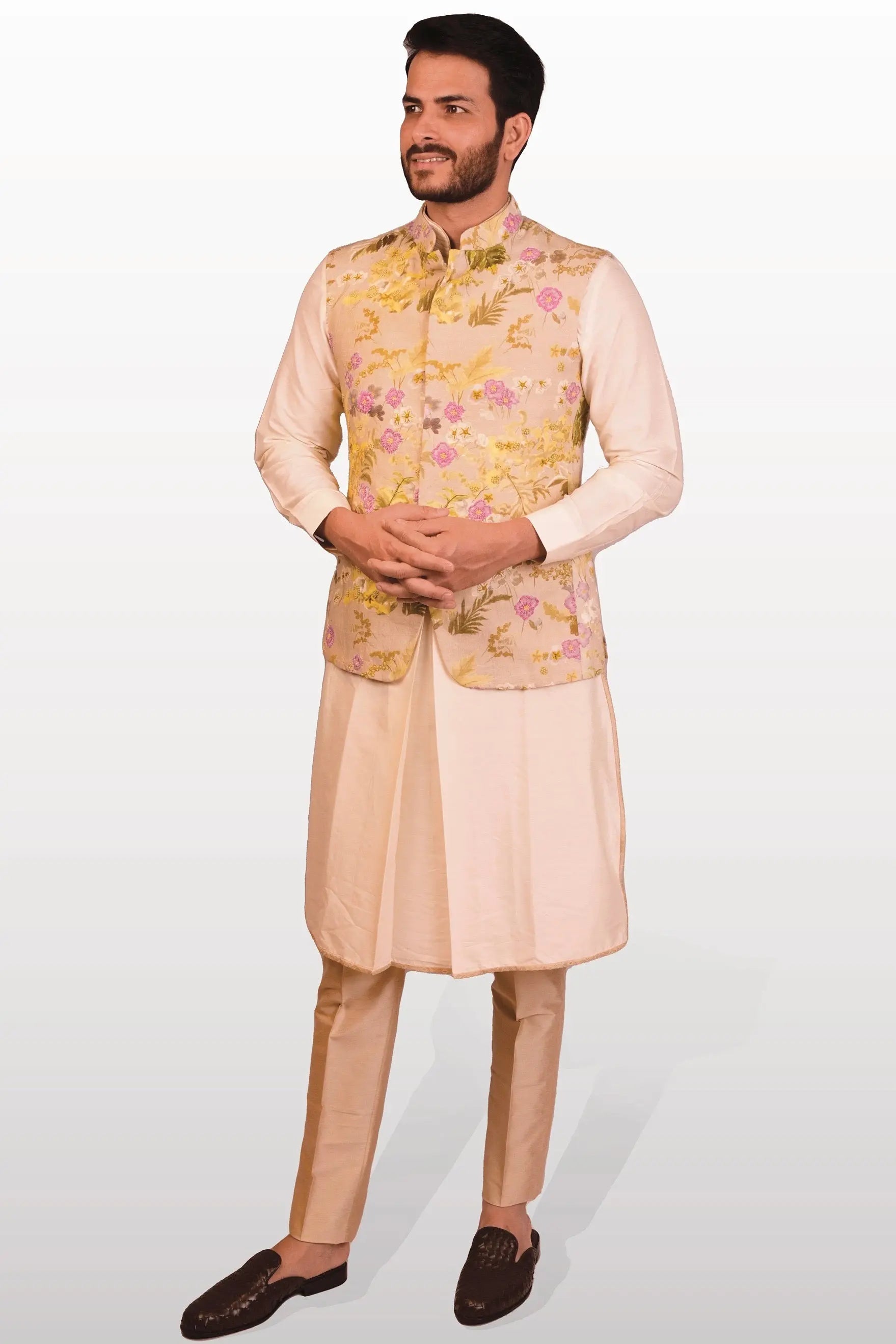 Beige Printed Hand Embroidered Bundi Set