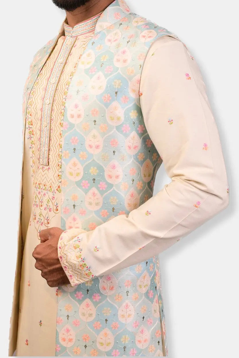 Sky Blue and Cream Embroidered Long Open Bundi Set