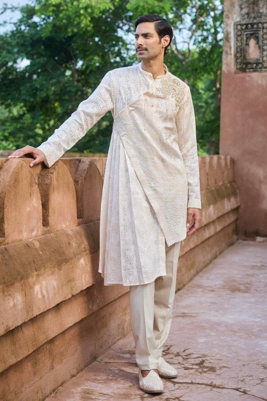 Ivory Zari Palm Silk Embroidered Kurta Set