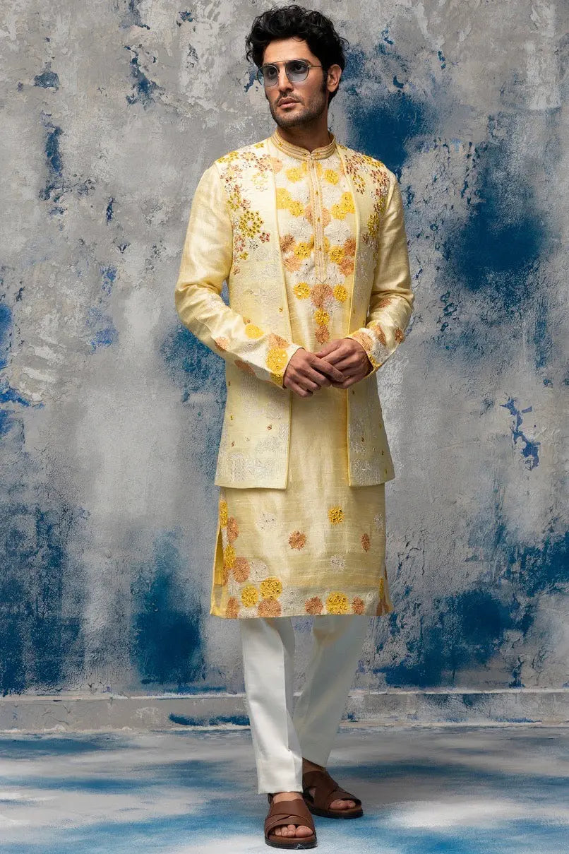 Yellow Resham Thread and Mirror Work Bundi Set - Asuka Couture