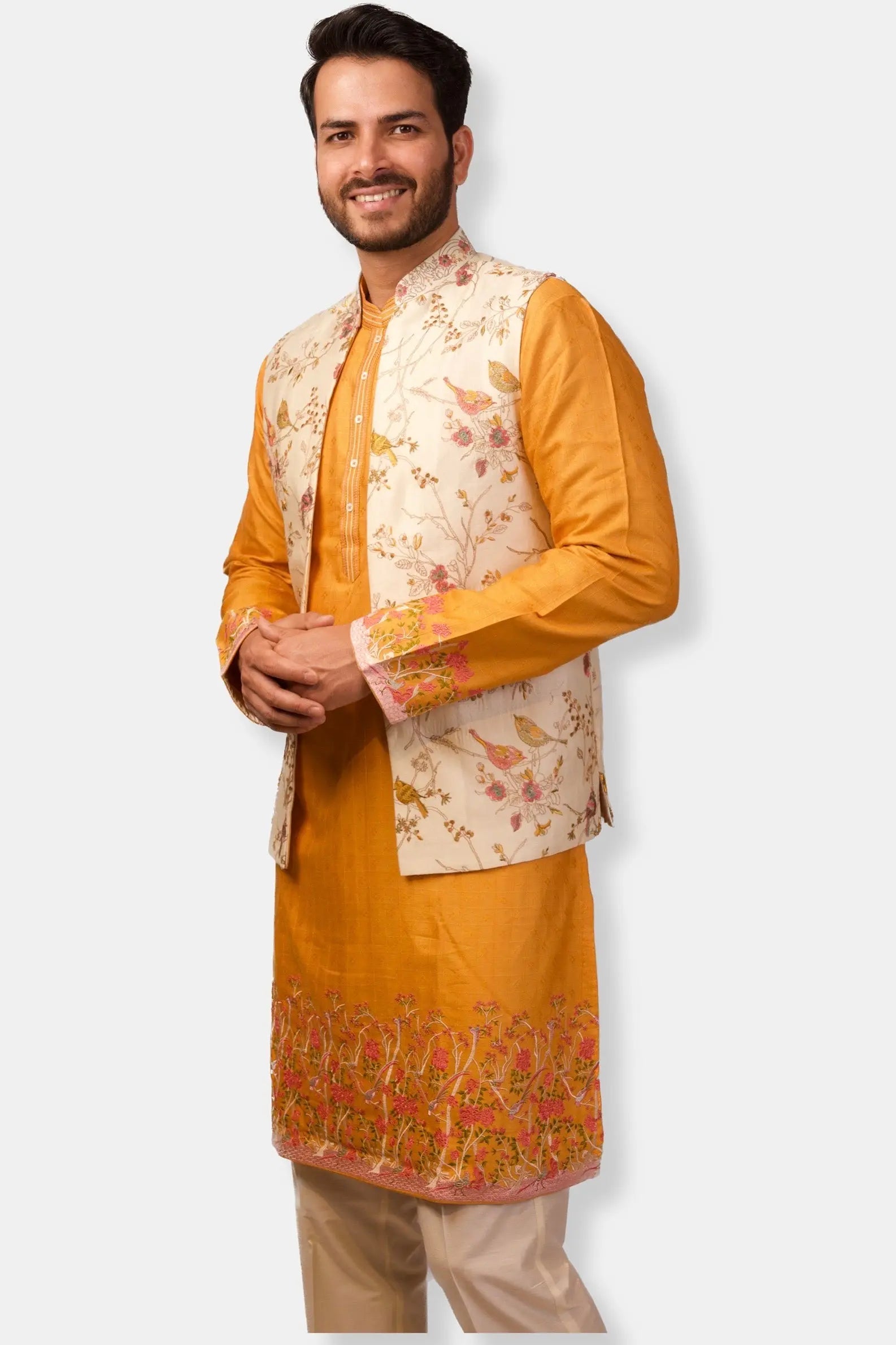 Beige and Saffron Embroidered Silk Bundi Set