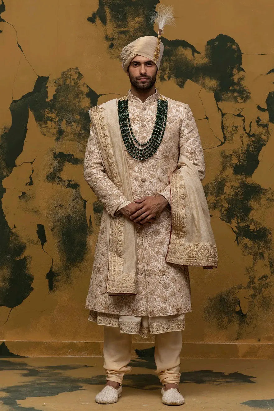 Beige Floral Kiran Dori Sherwani