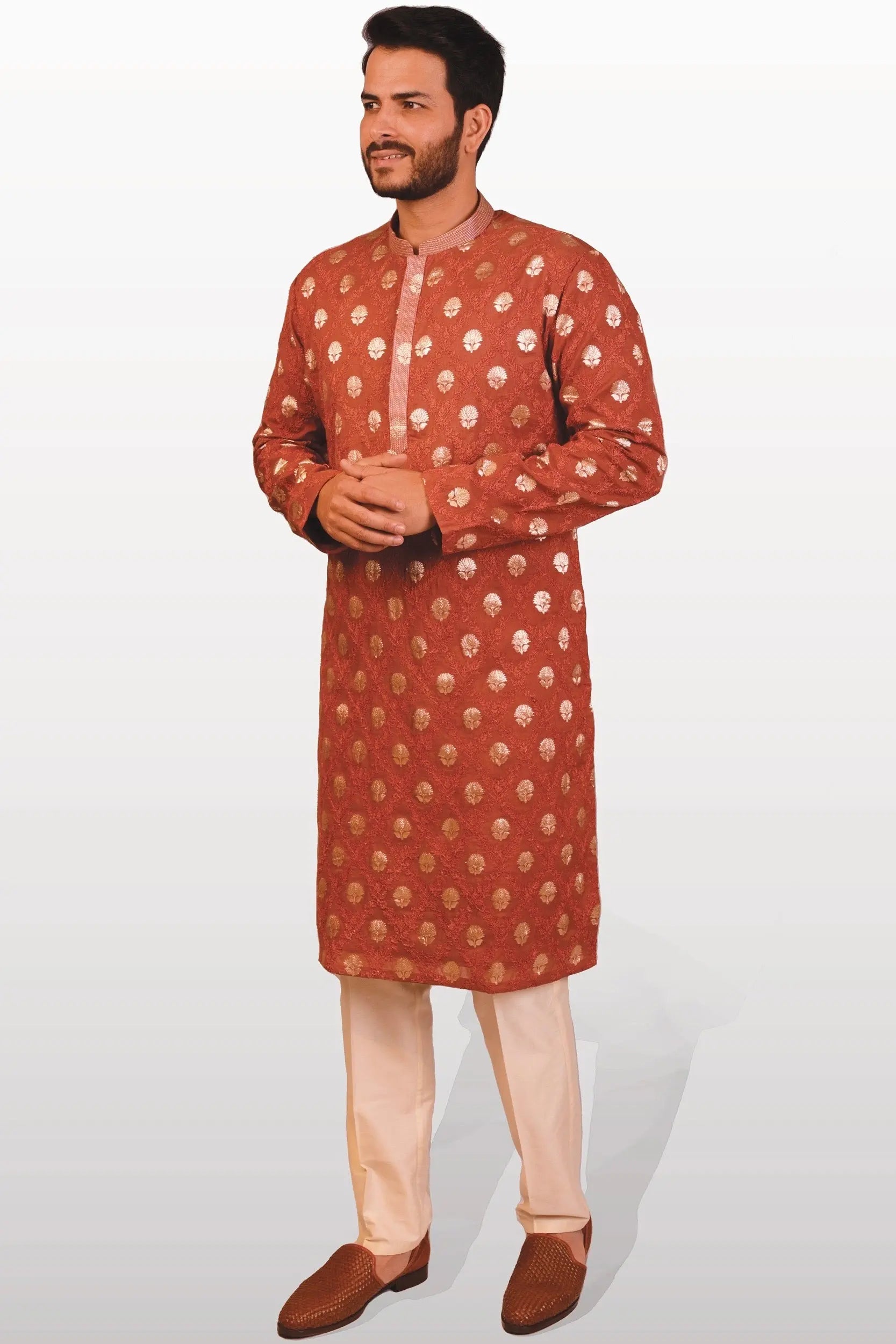 Orange Gold Dori Embroidery Kurta